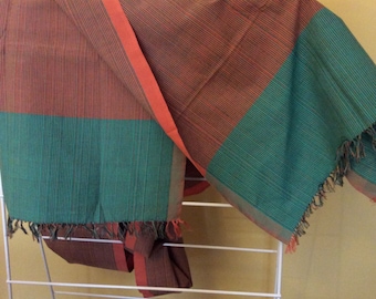 The 'Anila' Scarf in Maroon/Orange and Green, 100% Organic Cotton Handwoven