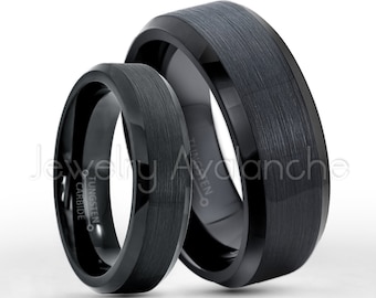 Tungsten Wedding Band Set, 6mm & 8mm Brushed Black IP Tungsten Carbide Wedding Rings, Bride and Groom Ring, Anniversary Rings TN168-166