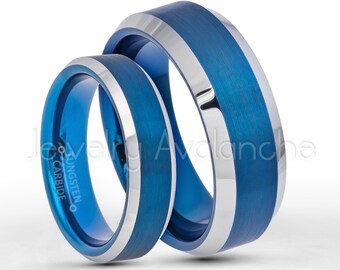 2-Tone Tungsten Wedding Band Set, 6mm & 8mm Brushed Blue IP Tungsten Carbide Wedding Rings,Bride and Groom Ring, Anniversary Rings TN726-692