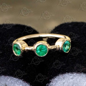 20g Solid 14kt Yellow Gold Nose Ring Bezel Set Emerald Nose Hoop, Cartilage Helix Ring, Tragus Ring, May Birthstone 3-stone Nose Ring