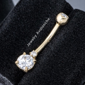 0.60 ctw Moissanite Solid 14Kt Gold Belly Ring, 14G Belly Button Ring, 3-stone Navel Piercing Jewelry, 14Kt Yellow Gold Body Jewelry