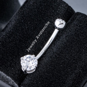 Solitaire 5mm-7mm Moissanite Solid 14Kt Gold Belly Ring, 14G Belly Button Barbell, Navel Piercing 14Kt Yellow Gold/White Gold Body Jewelry