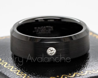 Anillo de tungsteno con diamantes, anillo de boda de tungsteno negro, anillo de compromiso de ajuste cómodo, anillo de aniversario con diamantes, anillo de boda de diamantes blancos para hombre