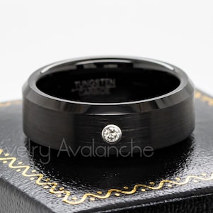 Tungsten Diamond Band, Black Tungsten Wedding Ring, Comfort Fit Engagement Band, Diamond Anniversary Ring, Mens Wedding Black Diamond Ring