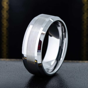 Wolfraam trouwring, geborsteld midden comfort fit wolfraamcarbide ring, wolfraam jubileumring heren afgeschuinde rand - GRATIS GRAVERING