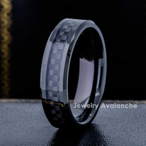 Black Tungsten Wedding Band: Carbon Fiber Inlay, Beveled Edge, Comfort Fit