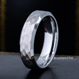 Hammered Finish Tungsten Wedding Band, 6mm Beveled Edge Comfort Fit Tungsten Carbide Ring, Unisex Tungsten Anniversary Ring