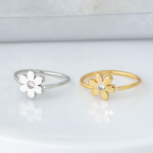 22G 925 Sterling Silver Flower Nose Ring, 9mm Cartilage Earrings, Rose Gold Plated Silver Tragus Hoop Earrings, Nostril Hoop, Helix Ring