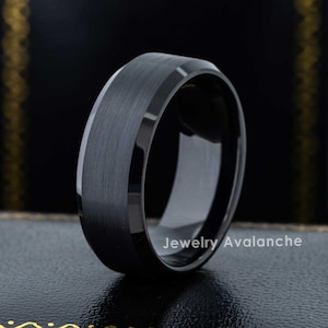 Mens Womens Black Ion Plated Tungsten Wedding Band, Brushed Center, Beveled Edge Comfort Fit Anniversary Band - FREE ENGRAVING