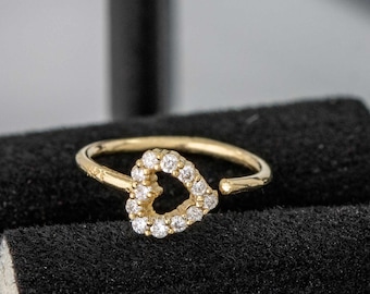 0.11ctw Diamond 20G 14K Yellow Gold Heart Nose Ring Hoop, 8mm Heart Nose Hoop, Cartilage Helix Ring, Tragus Ring, Twist-open