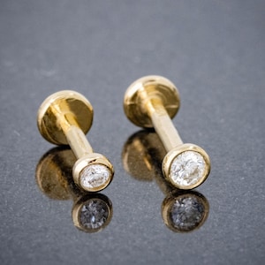 16G 14K Gold Bezel Set Diamond Labret Stud, 6mm-10mm Post Monroe Lip Ring, Internally Threaded, Cartilage Earring, Unisex Tragus Stud