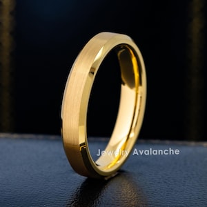 Womens Beveled Edge Tungsten Wedding Ring, Yellow Gold Plated Brushed Comfort Fit Tungsten Carbide Anniversary Ring - FREE ENGRAVING