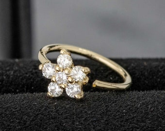 20G 14K Yellow Gold Diamond Flower Nose Ring, 6-stone 0.09ctw Diamond Star Nose Hoop Ring, Cartilage Helix Ring, Tragus Ring