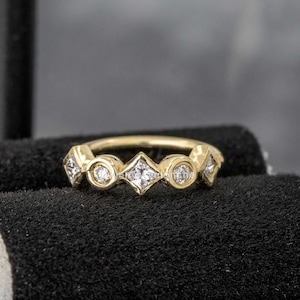 Bezel Set Round & Princess Cut 0.09ctw Diamond Nose Ring, 8mm 20G 14kt Yellow Gold Nose Hoop Ring, Cartilage Helix Ring, Tragus Ring