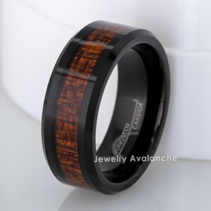 Hawaiian Koa Wood Inlay Ring, Mens Black Tungsten Ring, Tungsten Carbide Ring with Wood Inlay, Engagement Band for Men, Durable Ring 8MM