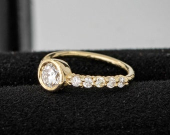 Bezel Set Diamond Nose Hoop, 8mm Solid 14kt Yellow Gold Nose Ring, 20G (0.8mm) Nose Hoop Ring, Cartilage Helix Ring, Tragus Ring
