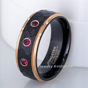 Personalized 2-Tone Rose Gold & Black Hammered Tungsten Wedding Band, Comfort Fit Men's Birthstone Anniversary Ring, Ruby, Emerald, Diamond