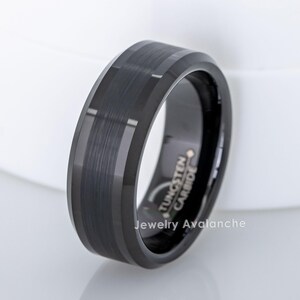 Mens Womens Black Ion Plated Tungsten Wedding Band, Brushed Center, Beveled Edge Comfort Fit Anniversary Band - FREE ENGRAVING
