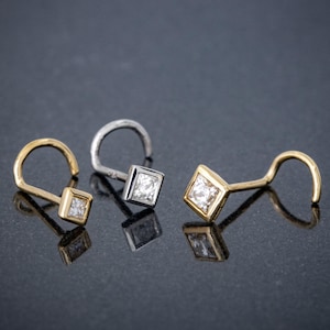 Bezel Set Princess Cut Moissanite Nose Screw Stud Solid 14kt White / Yellow Gold 22G Nose Ring Stud, Unisex Nose Piercing Jewelry