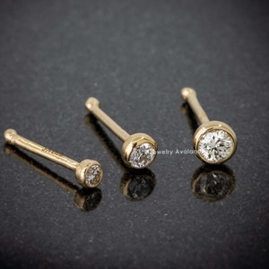 Solid 20G 14K Bone-end Nose Stud Bezel Set Real Diamond, Diamond Nose Bone Stud, 14kt Yellow Gold / White Gold Stud, Bridal Nose Stud