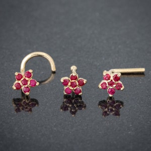 6-Stone Ruby Flower Nose Ring 22G Solid 14kt Gold Nose Stud, Nose Screw Stud, Nose Bone Stud, L-Shape Nose Stud 0.05 ct. real Ruby Gemstones