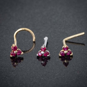 3-Stone Ruby Nose Ring 22G Solid 14kt Gold Nose Stud, Nose Screw Stud, Nose Bone Stud, L-Shape Nose Stud 0.03 ct. real Ruby July Birthstone