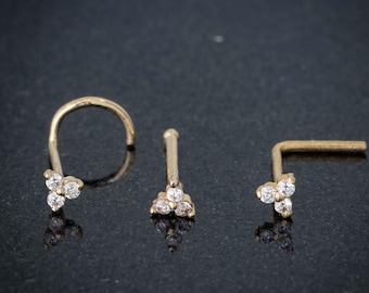0.015 carat Prong Set 3-Stone Moissanite Nose Ring, 22G Solid 14kt Gold Nose Stud, Nose Screw Stud, Nose Bone Stud, L-Shape Nose Stud