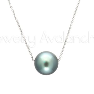 Solitaire Cultured Tahitian Pearl (AAA) Pendant with Rhodium Plated .925 Sterling Silver Rolo Chain, Certificate Included, June Birthstone
