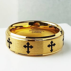 Laser Engraved Cross Tungsten Ring - 8mm Yellow Gold Plated Comfort Fit Mens Tungsten Carbide Wedding Band, Tungsten Anniversary Ring