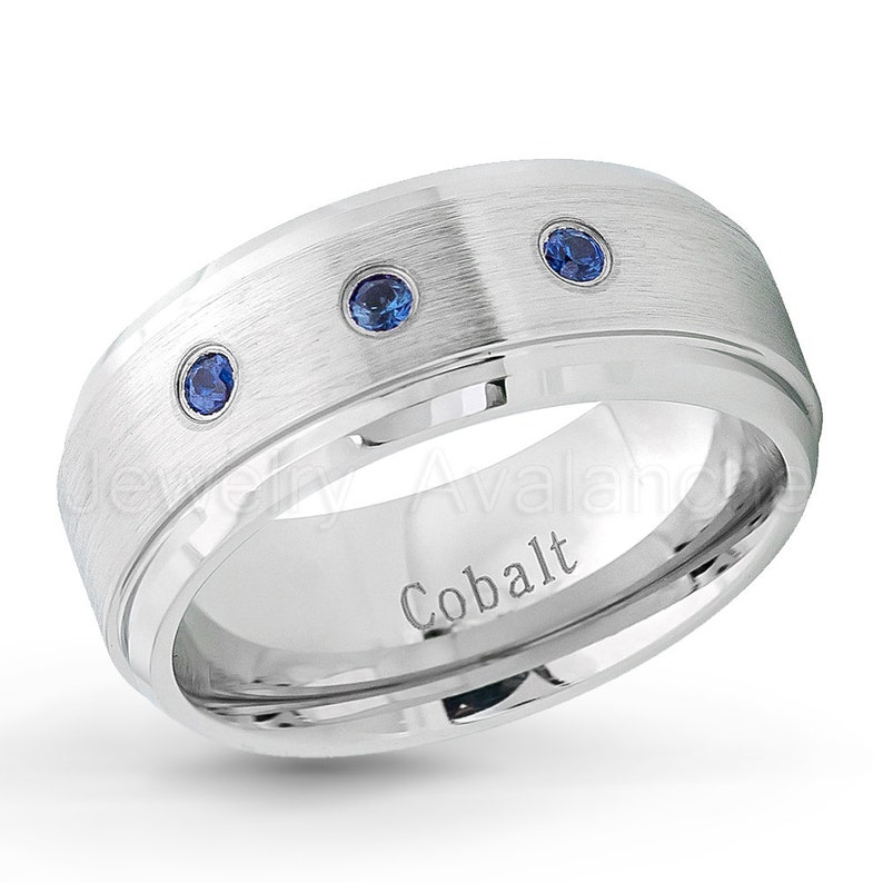 Jewelry Avalanche 8MM Comfort Fit Polished Black Ion Beveled Edge Mens Cobalt Chrome Wedding Band 0.21ctw Black /& White Diamond 3-Stone Cobalt Ring