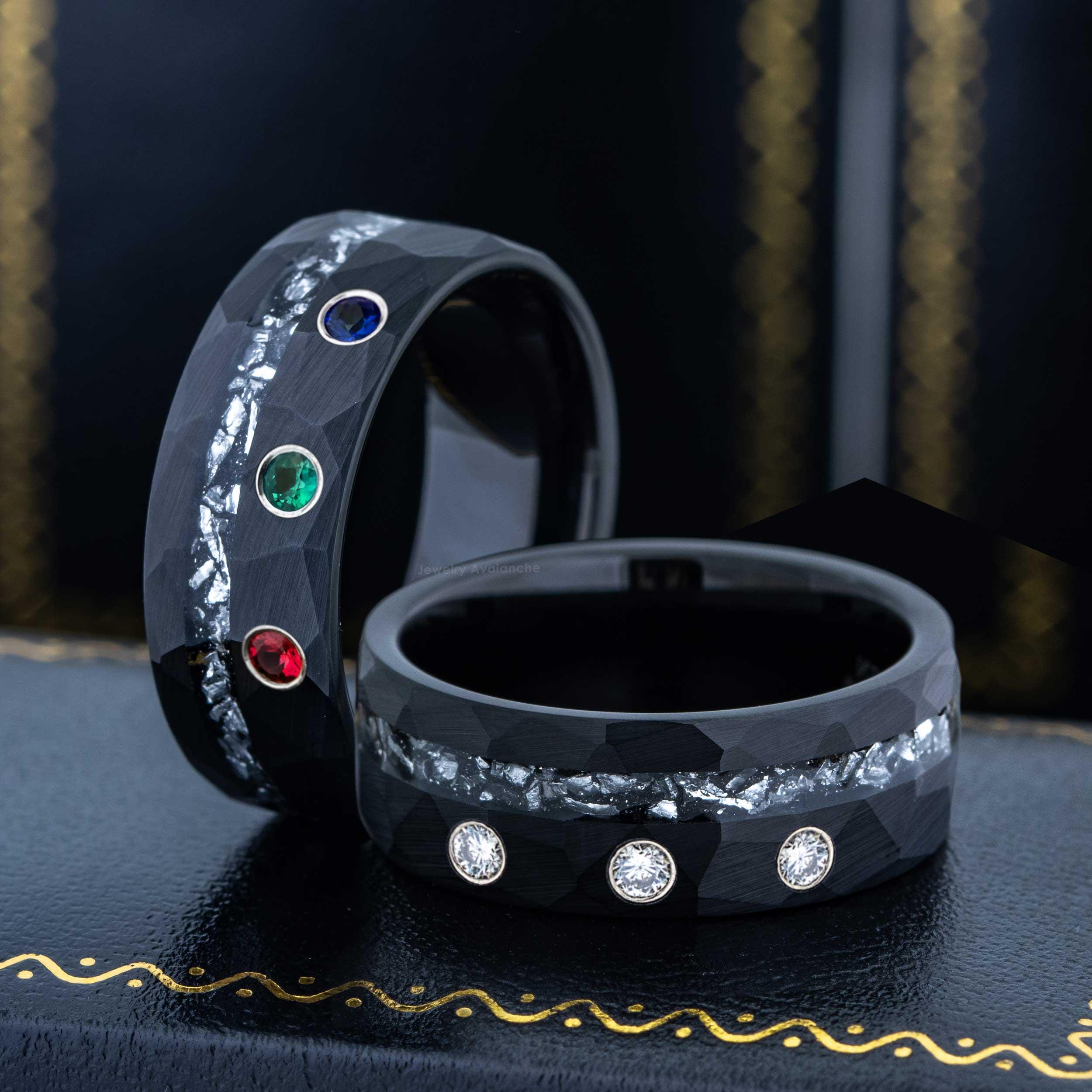 Hammered Black Tungsten Ring: Custom Gemstone Inlay Wedding Band