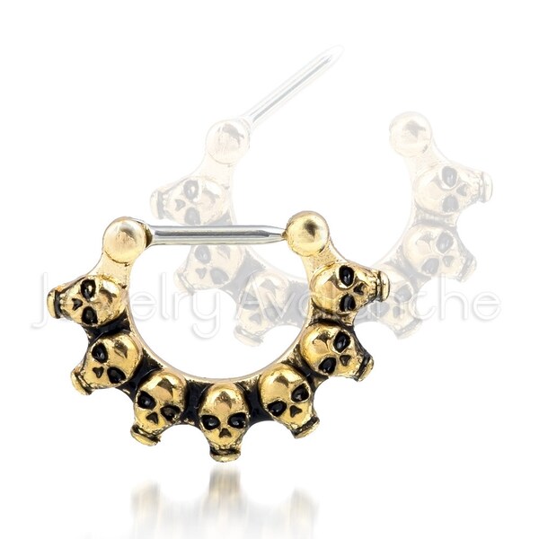 16G (1.2mm) Nariz Septum Clicker, Oro Amarillo Anodizado Acero Quirúrgico Siete Cráneos Septum Anillo, Nariz Piercing Joyería, Cuerpo Jewlery