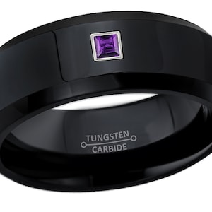 Custom-made 0.05ct Princess Cut Amethyst Tungsten Ring, Polished Black Plated Tungsten Carbide Wedding Band, 8mm Anniversary Band TN084PS