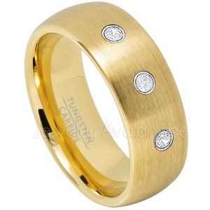 3-stone 0.21ctw Mens Birthstone Ring Brushed Gold IP Dome Tungsten Carbide Wedding Band - Comfort Fit Tungsten Ring - Anniversary Band