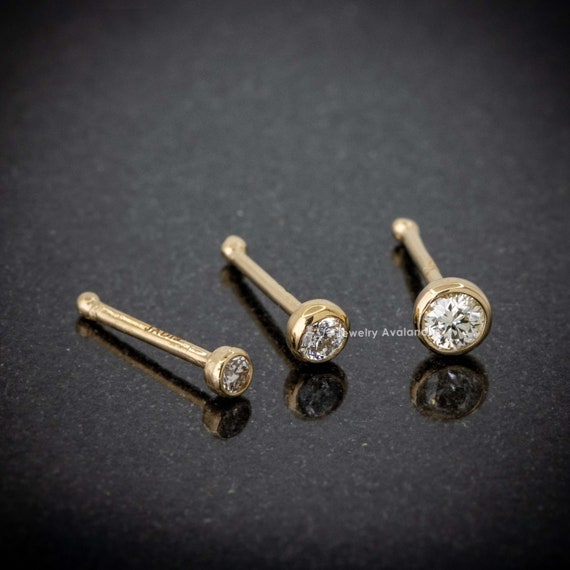 Solid 14K Bezel Set Diamond Bone-end Nose Stud 22G Solid 14kt