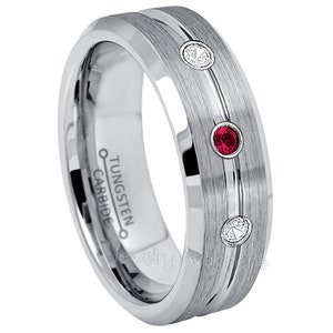 3-Stone Gemstone & Diamond Tungsten Ring, 7mm Brushed Grooved Center Tungsten Wedding Band, Beveled Comfort Fit Tungsten Ring TN046BS