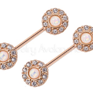 1-Pair 14G Opal Nipple Barbell Ring, Halo CZ Opalite Nipple Jewelry, Nipple Barbell Ring, Screw-on 316L Surgical Steel, Body Jewelry image 2