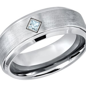 Princess Cut 0.05ct or 0.10ct Aquamarine March Birthstone Cobalt Ring, Brushed Stepped Mens Wedding & Anniversary Band Comfort Fit