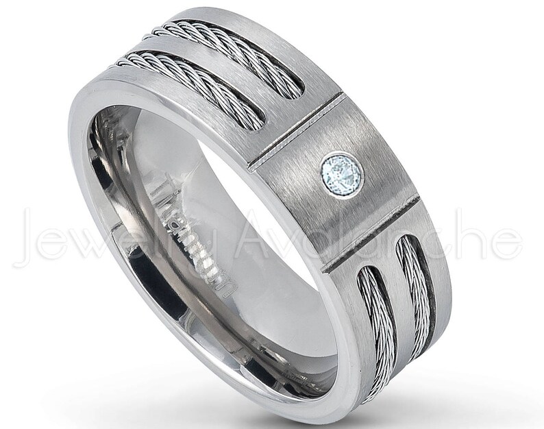 March Birthstone Ring Double Cable Titanium Ring 0.07ct Men/'s Aquamarine Ring Brushed Finish Men/'s Titanium Ring TM761-BS