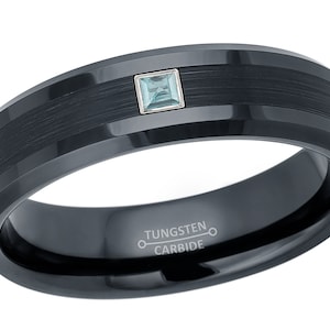 Custom-made 0.05ct Princess Cut Aquamarine Tungsten Ring, Brushed Black Beveled Tungsten Carbide Wedding Band, 6mm Anniversary Band TN790PS