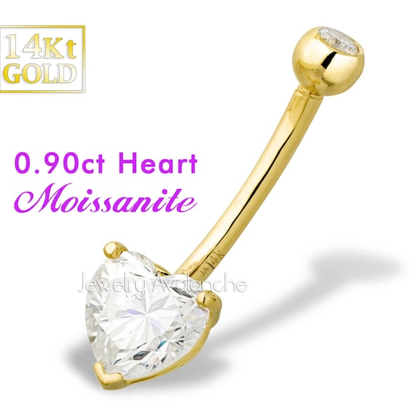 Solid 14Kt Yellow Gold Belly Ring 0.97cttw Heart Shape Moissanite, 14G Belly Button Barbell, Screw-on Navel Piercing Jewelry, Body Jewelry
