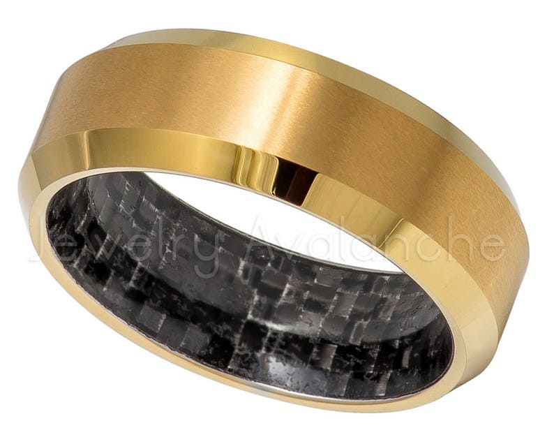 Comfort Fit Beveled Tungsten Anniversary Band TN611PL 2-Tone Tungsten Wedding Band Yellow Gold IP Tungsten Ring Inside Carbon Fiber Inlay
