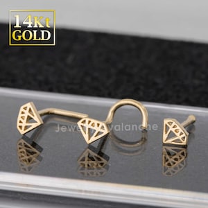 20G Solid 14K Gold Nose Stud Diamond Icon Design, L-Bend, Ball-end, Nose Screw Nose Stud, Nose Piercing Jewelry, Nose Pin