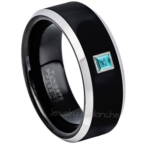 Custom-made 0.10ct Princess Cut Topaz Tungsten Ring, 2-Tone Black Beveled Edge Tungsten Carbide Wedding Band, 8mm Anniversary Band TN119PS