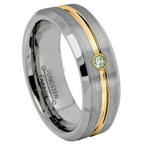 2-Tone Tungsten Wedding Ring, 0.07ct Peridot Birthstone Ring, 7mm Yellow Gold IP Grooved Center Tungsten Carbide Anniversary Band TN131BS