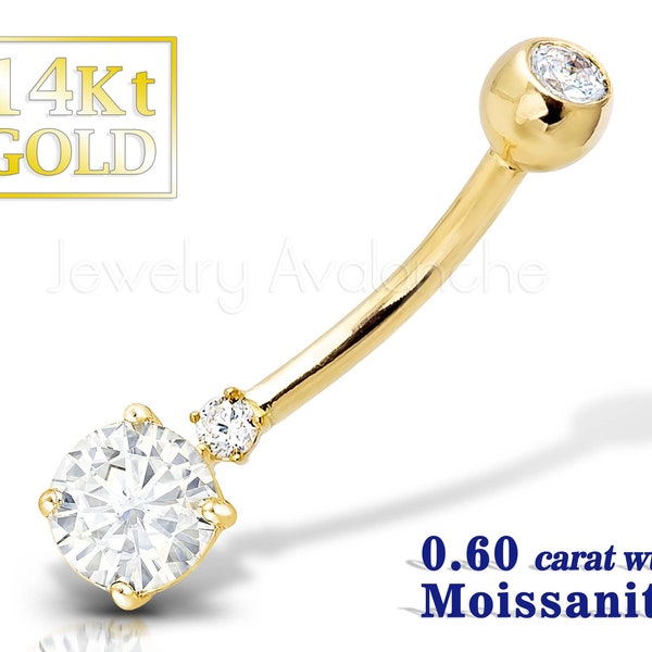 0.60 ctw Moissanite Solid 14Kt Gold Belly Ring, 14G Belly Button Ring, 3-stone Navel Piercing Jewelry, 14Kt Yellow Gold Body Jewelry