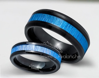 Set di fedi nuziali in tungsteno con inserto in fibra di bambù imitazione bordo smussato IP nero, fedi nuziali da 6mm-8mm, anello per sposa e sposo -TN1085-1087