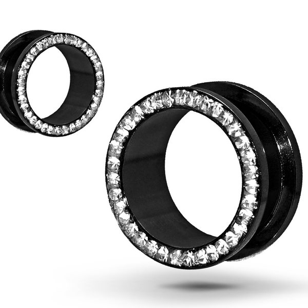 Screw-on Titanium-Anodized Black Surgical Steel Ear Tunnel Plugs with Clear Silicone Coated CZ Halo,Ear Lobe Piercing Jewelry,Body Jewlery