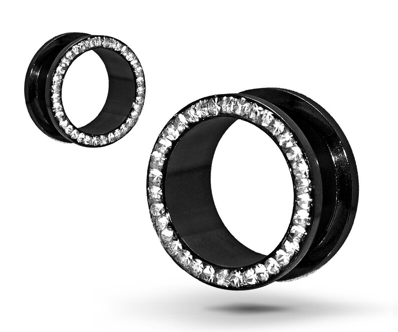 Screw-on Titanium-Anodized Black Surgical Steel Ear Tunnel Plugs with Clear Silicone Coated CZ Halo,Ear Lobe Piercing Jewelry,Body Jewlery