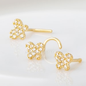 20G Solid 14K Gold Butterfly Nose Stud CZ Accented Nose Ring, Nose Screw Stud, Nose Bone Stud, L-Shape Nose Stud, Nose Piercing